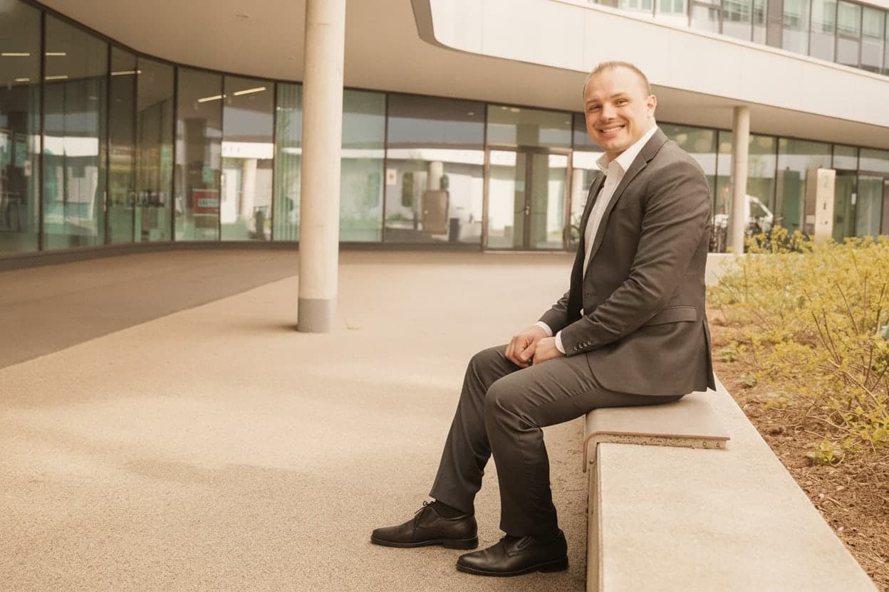 Dragan Sosic sitzt entspannt vor seinem Büro in Linz